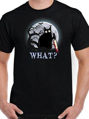 Funny Black Cat What Halloween Graphic Tee Black Full Moon Spooky Humor Unisex